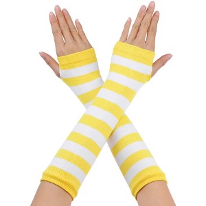 Allegra K Women's Stripe Print Knitted Fingerless Elbow Length Gloves Warmers One Size 1 Pair - 1 of 4