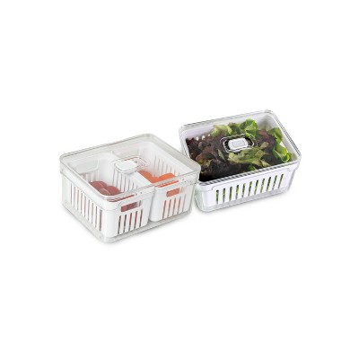 OU Fridge Organizer Bins with Drain Baskets & Vented Lids, Clear Stackable Refrigerator Storage Container, Produce Kitchen Storage Bin, BPA Free