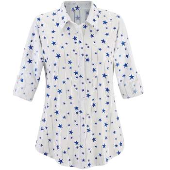 Collections Etc Star & Lurex Button Front Roll-Tab Sleeve Woven Shirt