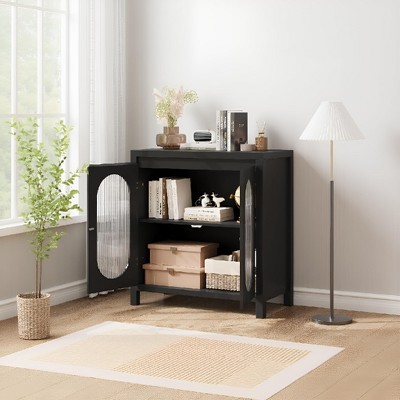 31 Inch Small Sideboard Buffet Cabinet with Glass Doors & Adjustable Shelf, Compact Wood Storage Cabinet