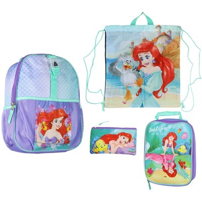 Disney Princess Backpack Kids Girls The Little Mermaid 14" Mini Toddler Backpack 4pc Set Light Up Reflective Laptop Travel Backpack Multicolored