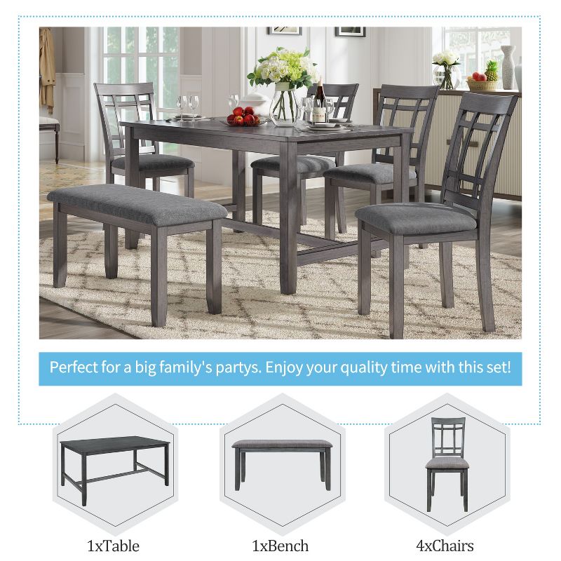 6-Piece Farmhouse Rustic Wooden Dining Table Set with 4 Chairs and Bench, Antique Gray - ModernLuxe, 4 of 12