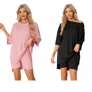 INSPIRE CHIC Women's 2 Pcs Knit Loungewear 3/4 Sleeve T-Shirt with Bike Shorts Pajama Set - 1 of 4