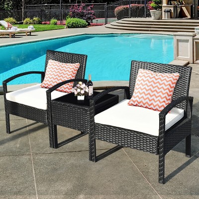 Costway 3PCS Patio Rattan Furniture Set Table & Chairs Set with Thick Cushions Garden