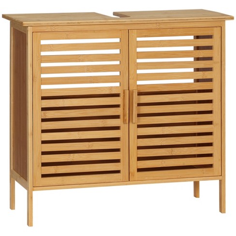 Kleankin Bamboo Under Sink Cabinet With 2 Slatted Doors, Freestanding ...