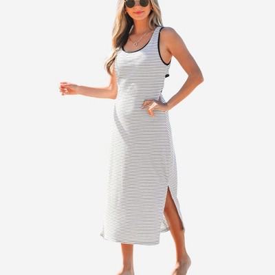 Amaryllis Women’s Sleeveless Bodycon Striped Midi Dress Crisscross Back Detail Contrast Trim Cutout