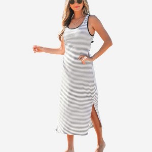 Amaryllis Women’s Sleeveless Bodycon Striped Midi Dress Crisscross Back Detail Contrast Trim Cutout - 1 of 4