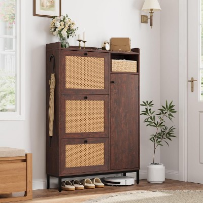 Rattan Shoe Storage Cabinet with 3 Flip Drawers, 4-Tier Shoe Organizer for Entryway, Hallway