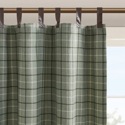 Green Plaid Polyester Tab Top Light-Filtering Drapes