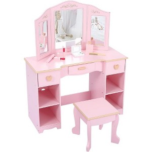 Kids Vanity Set with Mirror and Lights - Makeup Vanity, Vanity Chair, Vanity Mirror, Kid Table Chair Set, Wood Makeup Playset for Ages 4-9 - 1 of 4