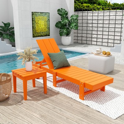 Bright Orange Modern HDPE Reclining Outdoor Chaise Lounge with Wheels and Side Table