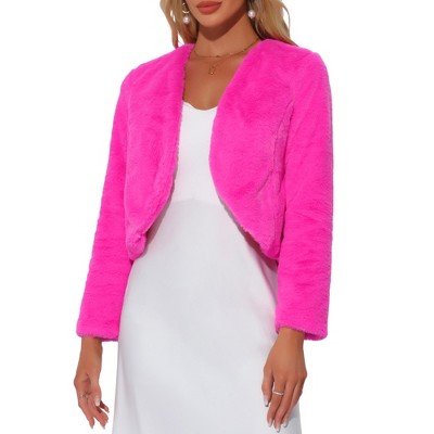 INSPIRE CHIC Women's Long Sleeve Open Front Cropped Winter Faux Fur Jacket