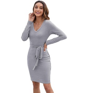 Women's Sweater Dress 2025 Fall Winter V Neck Long Sleeve Ribbed Knit Tie Waist Bodycon Slim Fit Mini Dresses - 1 of 4