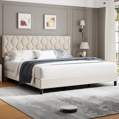 WhizMax Bed Frame with Headboard, Upholstered Bed Frame with Headboard , Heavy-Duty Platform Bed Frame with Strong Wood Slats