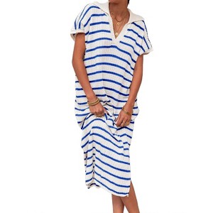Imily Bela Women's striped dress, striped dress, short-sleeve V-neck knit dress, sexy slit, loose long collared sweater dress - 1 of 4