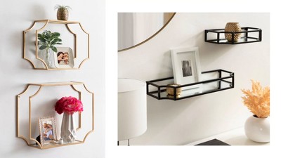 Bronze Metal Geometric Wall Shelf with Glass Tiers