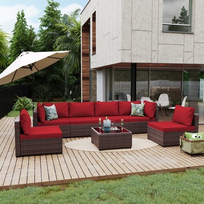 UPHA 7-Piece Brown Rattan Patio Sofa Conversation Set with Cushions