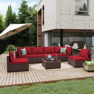 UPHA 7-Piece Brown Rattan Patio Sofa Conversation Set with Cushions - 1 of 4
