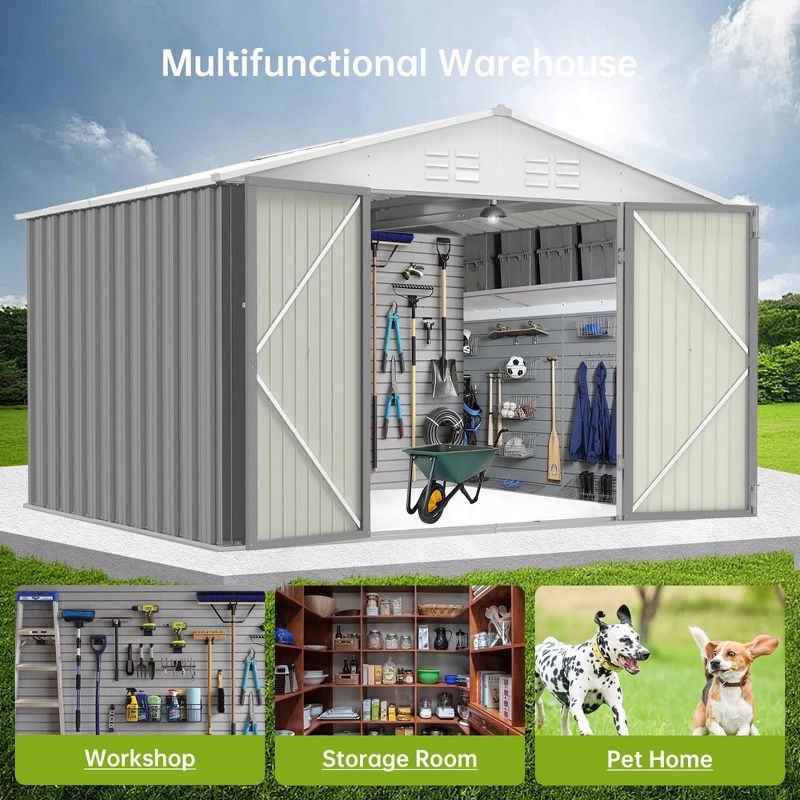 8'x8' Outdoor Storage Shed, Large Garden Shed. Updated Reinforced and Lockable Doors Frame Metal Storage Shed for Patiofor Backyard, Patio,Grey, 3 of 8