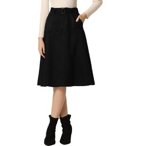 INSPIRE CHIC Women's Casual Solid Faux Suede Pockets Stretch A-line Midi Skirt with Belt - 1 of 4