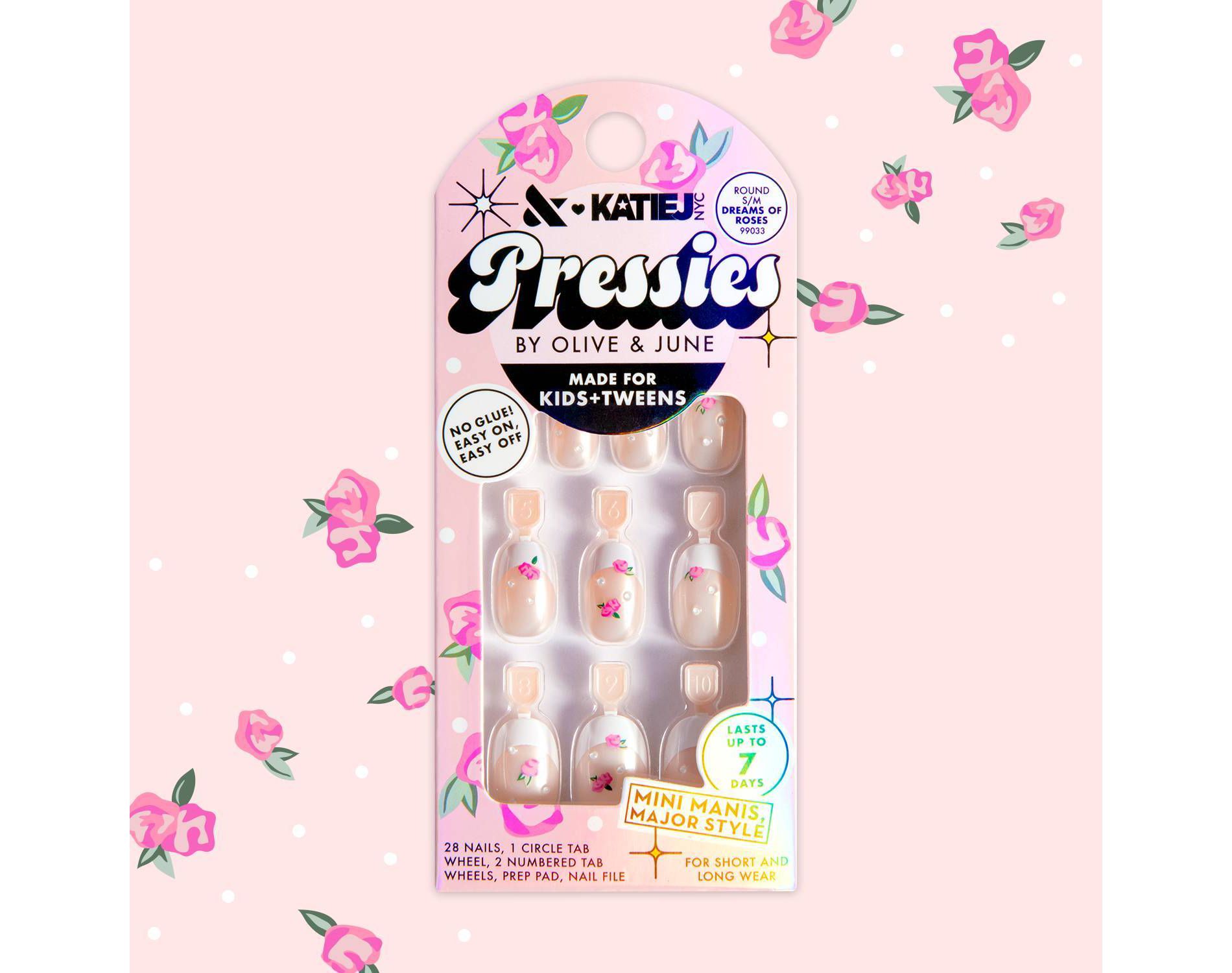 Olive & June Pressies Fake Nails - Katie J - S/M Round - Dreams of Roses