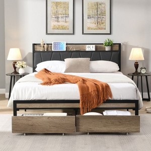 NicBex Full/Queen Upholstered Bed Frame with Storage Headboard and Charging Station,No Box Spring Needed,Easy Assembly,Beige/Gray/Black+Brown - 1 of 4