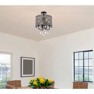 Luxe Crystal Lattice 14" Black Iron 4-Light Flush Mount