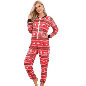 Women's Christmas One Piece Pajamas Printed Long Sleeve Jumpsuit  Reindeer & Snowflake Patterns Xmas Onesie - 1 of 4