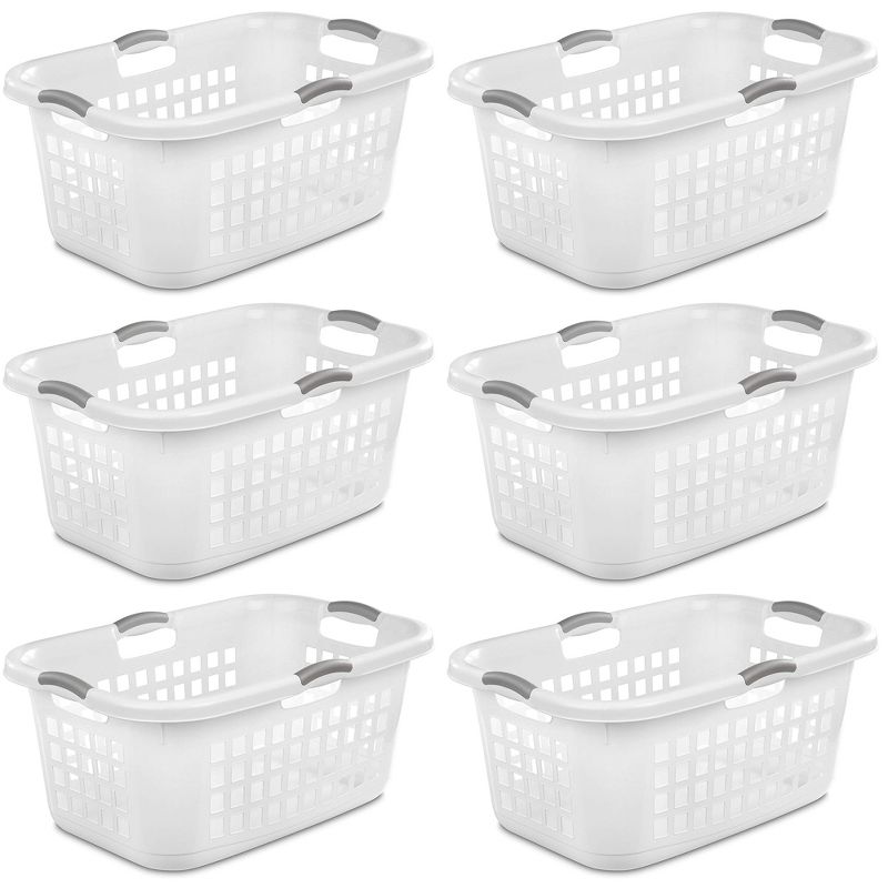 Sterilite 2 Bushel Ultra Laundry Basket, Large, Plastic with Comfort Handles to Easily Carry Clothes to and from the Laundry Room, White, 6-Pack, 1 of 4