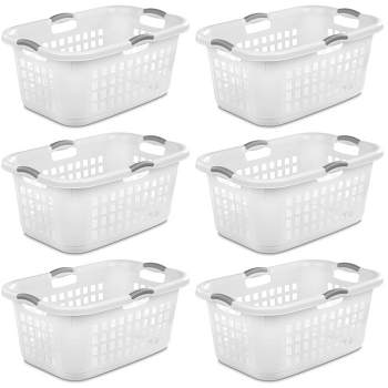 Sterilite 2 Bushel Ultra Laundry Basket, Large, Plastic with Comfort Handles to Easily Carry Clothes to and from the Laundry Room, White, 6-Pack