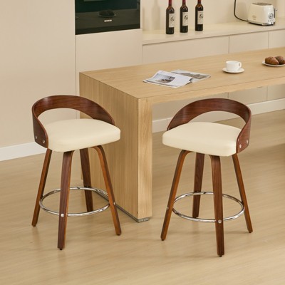 DOMETOUR Wood Bar Stools Set of 2 Low Back Bar Height Stools with Soft Cushion Seat 25" Counter Height
