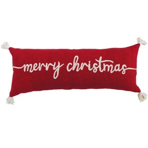 Storied Home Cotton Lumbar Pillow with Tassels and Embroidered "Merry Christmas", Red and Ivory Color - 1 of 2