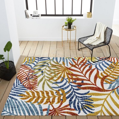 Cream and Orange Palm Leaves Synthetic 4' x 6' Area Rug