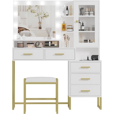 Large Makeup Vanity and Stool, Vanity Desk with Mirror and Lights, Makeup Table with Charging Station, Vanity Table with Drawers, White
