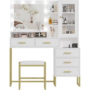 Large Makeup Vanity and Stool, Vanity Desk with Mirror and Lights, Makeup Table with Charging Station, Vanity Table with Drawers, White - 1 of 4