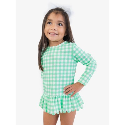 RuffleButts Girls UPF50+ Gingham Scallop Hem Long Sleeve Rash Guard Bikini - Spring Green Gingham, 6 — фото 3