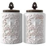 American Atelier 2-Piece Ceramic Canister Jar W/ Fleur De Lis Embossed Design & Airtight Stainless-steel Lid For Sugar, Flour, Coffee, & More, White