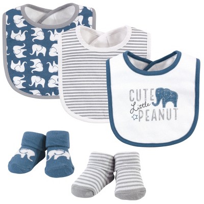Hudson Baby Infant Boy Cotton Bib and Sock Set 5pk, Blue Elephant, One Size
