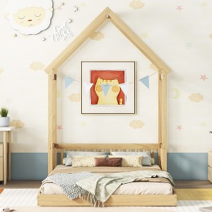 Full Roof-framed Headboard Floor Bed with Headboard Guardrails, without Slats,Natural,Pine - 1 of 4
