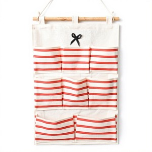 Anna-Kaci Hanging Wall Organizer with Navy Striped Pockets and Wooden Hanger 19.3x13.5 in - 1 of 3