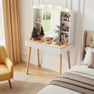 FONTOI 31.5"W Small Vanity Desk with Sliding Mirror Big-Capacity Storage 2 Fluted Drawers for Bedroom Dressing Room, White, 31.5"*15.7"*55.5" - 1 of 4