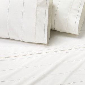 Cotton Percale Thin Stripe Sheet Set Sour Cream/Railroad Gray - Hearth & Hand™ with Magnolia - 1 of 3