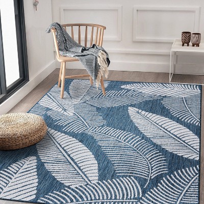Navy Floral Synthetic 7'10"x10' Flat Woven Indoor/Outdoor Rug