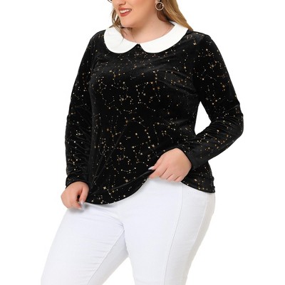 Agnes Orinda Women's Plus Size Long Sleeve Peter Pan Collar Stars Vintage Velvet Blouse