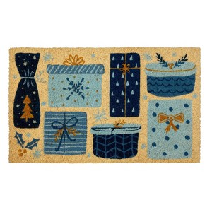 1'4" x 2'4" Christmas Presents Indoor/Outdoor Coir Doormat Blue/Gold - Entryways - 1 of 4