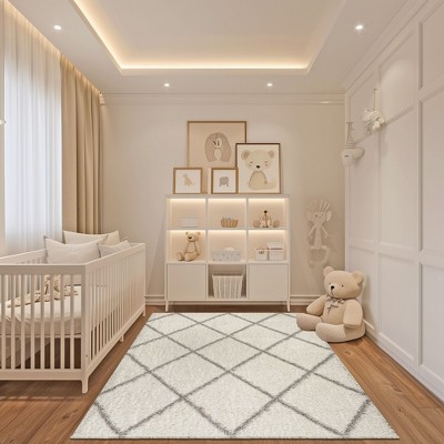 Plush White Geometric Shag 63" Square Area Rug