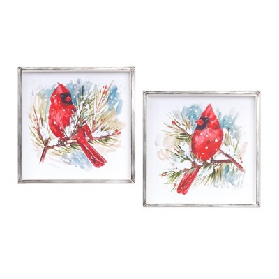 Cardinal and Pine Framed Print (Set Of 2) – MDF and Iron – 14 Inch Holiday Wall Decor – By Melrose