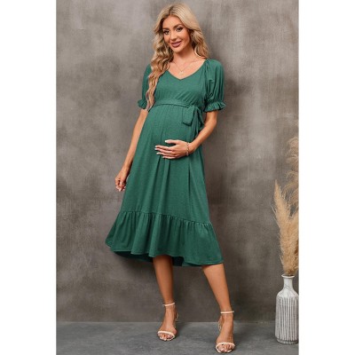Womens Maternity Dress Summer V Neck Short Sleeve Ruffle Belted Baby Shower Dress