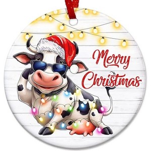Lomsoe Cow Christmas Ornament Funny Dairy Cow with Christmas Hat Ceramic Ornament Farmhouse Decor, Tree Decor Gifts Christmas Decor Christmas Gift - 1 of 1