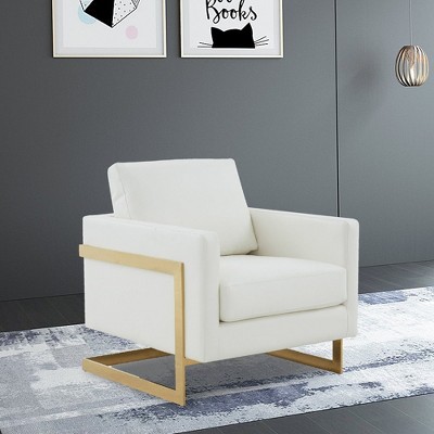Elegant White Leather Accent Chair with Gold Metal Frame